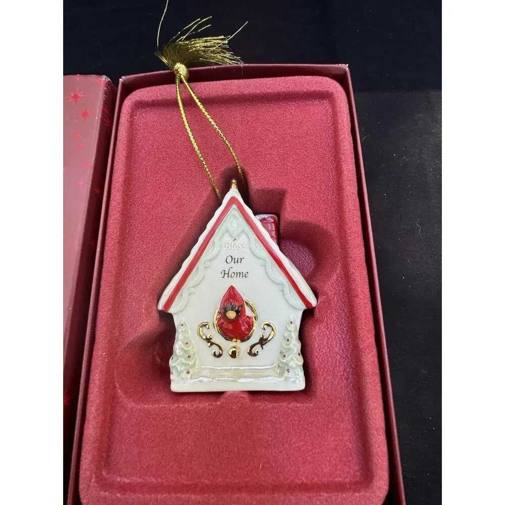 Lenox Annual Christmas Ornament- Bless Our Home Bird house with RedCardinal -C18